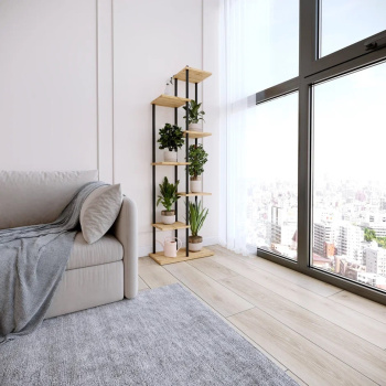 Этажерка для цвет.кашпо металл.стойки/дер.полки "Шафран17Л" 8-и м., в.1,5м Черн.ПДЦШ17Л Ч "ЗМИ" *1