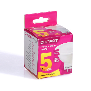 Лампа светодиодная ОНЛАЙТ, GU5.3, рефлектор MR16, 5 Вт, 350 Лм, 3000 К, теплый белый