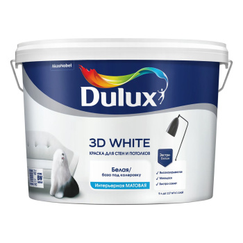 Краска акриловая 9 л для стен и потолков DULUX 3D WHITE, белая, матовая