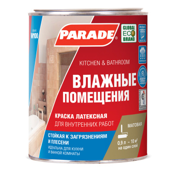 Краска латексная для кухни и ванной 0,9 л PARADE W100 влагостойкая матовая База С *1/6/144