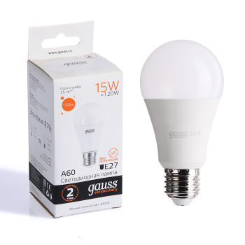 Лампа светодиодная Gauss Elementary, Е27, груша A60, 15 Вт, 1320 Лм, 3000 К, теплый белый