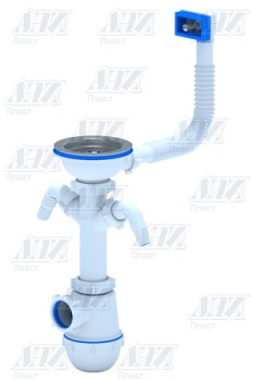 Сифон бутылочный 3 1/2" с двумя отводами с гибким переливом мойки АНИ ГРОТ А0146S *1/10