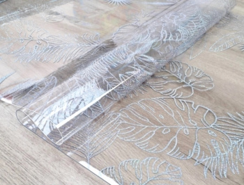 Клеёнка без основы "термо" гладкая "Листья белые" шир.0,6м,толщ.0,65мм GW-52252"ТермоКлеёнка"*20