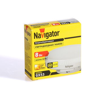 Лампа светодиодная Navigator, GX53, таблетка, 8 Вт, 600 Лм, 2700 К, теплый белый Лампа светодиодная Navigator, GX53, таблетка, 8 Вт, 600 Лм, 2700 К, теплый белый